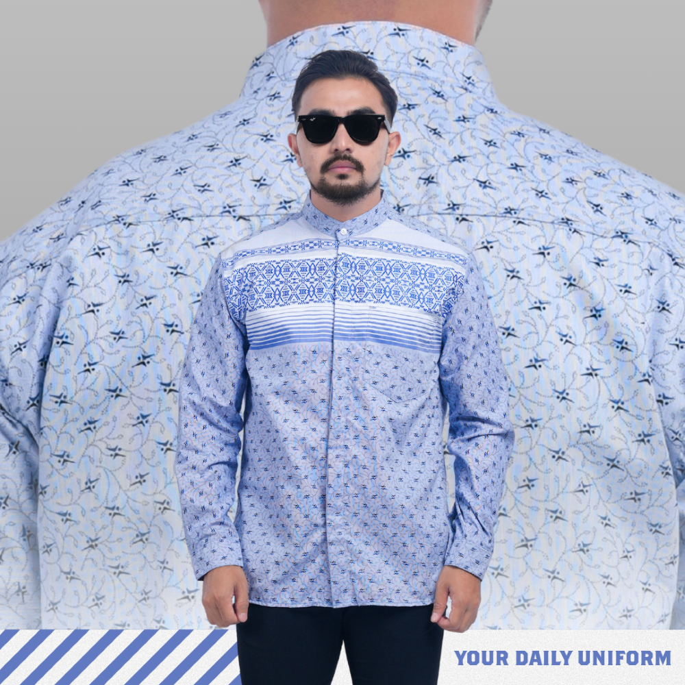 DGM Baju Koko Pria Lengan Panjang Baby Blue Motif Anyam Vertikal Baju Koko 3128