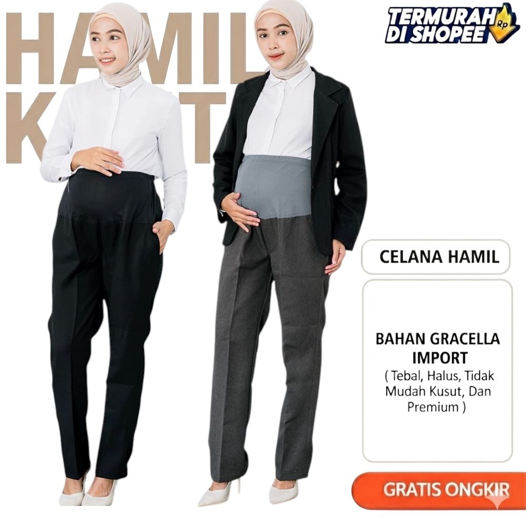 ​DEJIFA Celana Hamil Kerja Kantor Bahan Gracella Import Premium Tebal Halus Tidak Kusut Model Formal