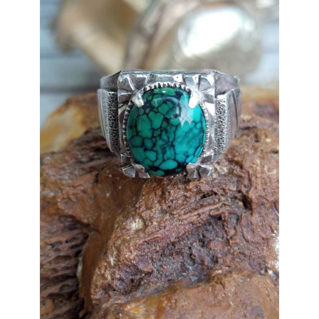 Natural Pirus Hubei Biru Top Urat Ring Perak 925 HM Unik