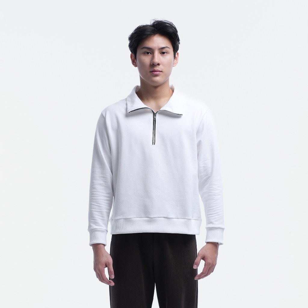 Volda Collin Half Zip Polo Sweater (White) | Sweater Half Zip Pria Polos Putih Casual Lengan Panjang