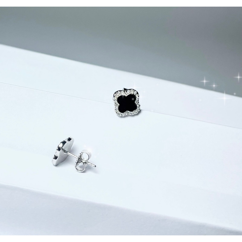 Giwang Bunga Hitam Permata + Ulir - Lapis Emas 18K -Asli Perak 925 - Anting Fashionable Wanita