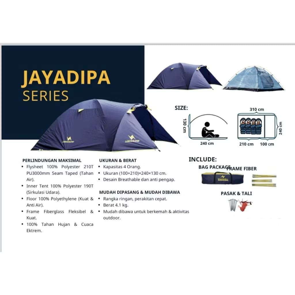 Tenda Camping Wildshell Jayadipa Series Kapasitas 4 Orang Double Layer