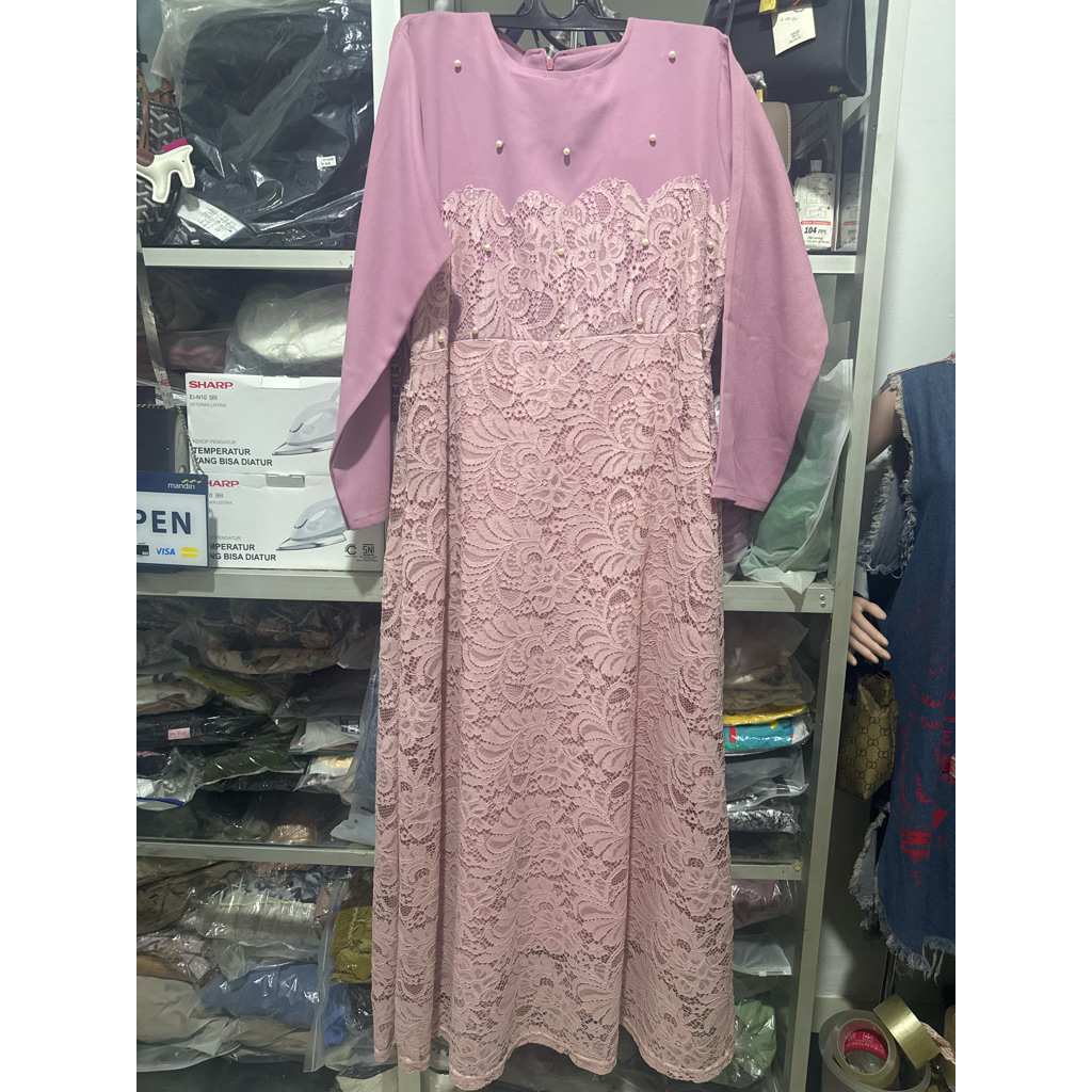 Long dress brokat mutiara/Gamis brokat pink salem/PL