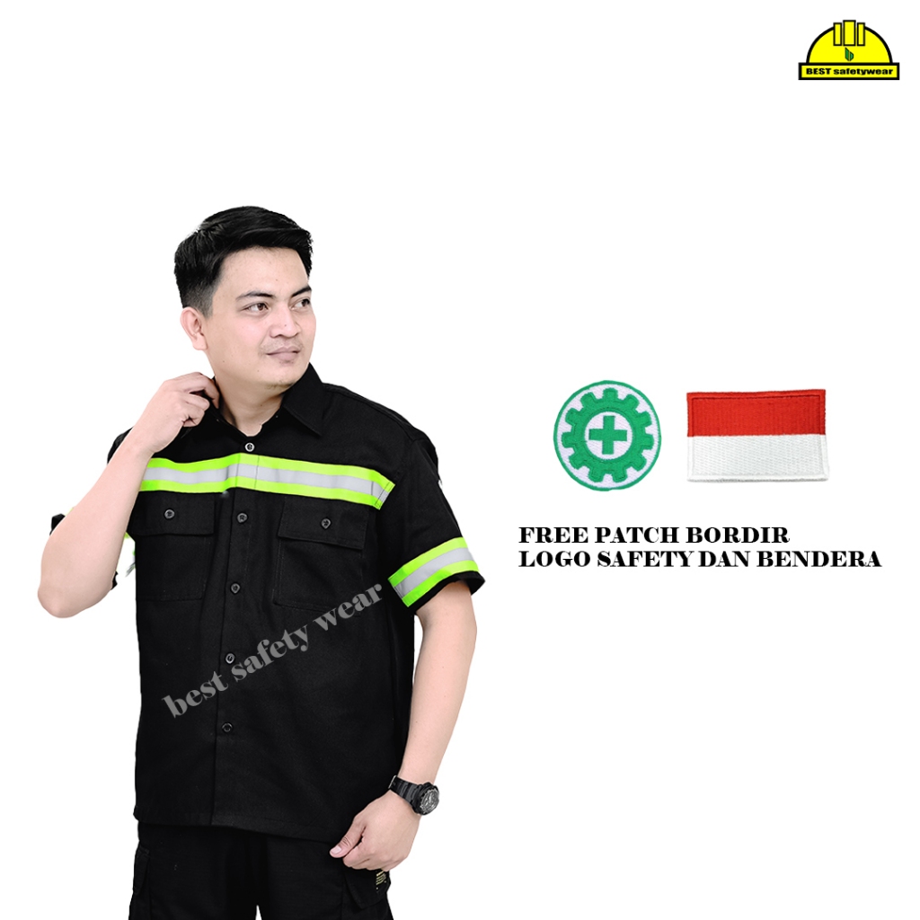 Kemeja safety navy lengan pendek baju safety lengan pendek seragam safety lengan pendek bahan premiu