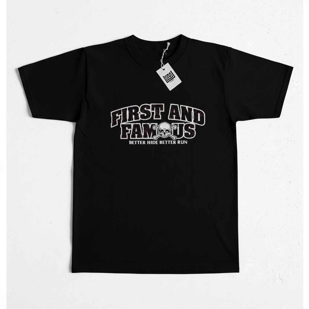 Kaos Distro Pria FIRST AND FAMOUS Better Hide Better Run - Black Edition - Cotton Combed 24s Origina