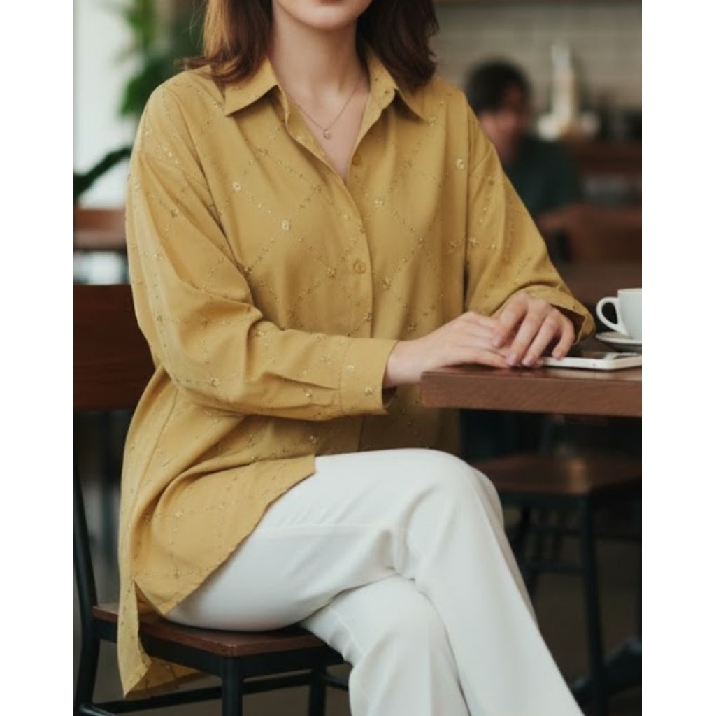 Blouse Tunik Lengan Panjang Kemeja Atasan Katun Adem Formal Cotton Casual Look, Full Bordir Warna Ku