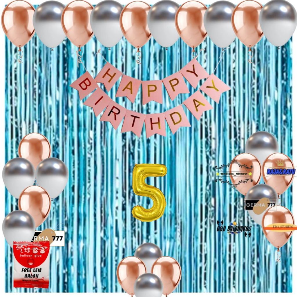Dekorasi Ulang Tahun Balon Rosegold Mix Silver Paket Banner Happy Birthday Biru Anak Dewasa Elegan
