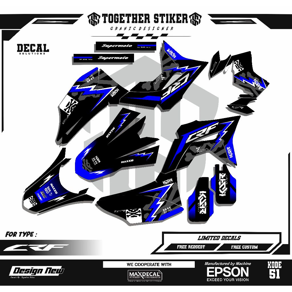 Decal Full Body CRF 150L New Desain Bisa Custom Warna Nama Nomor - Sticker CRF Biru Hitam