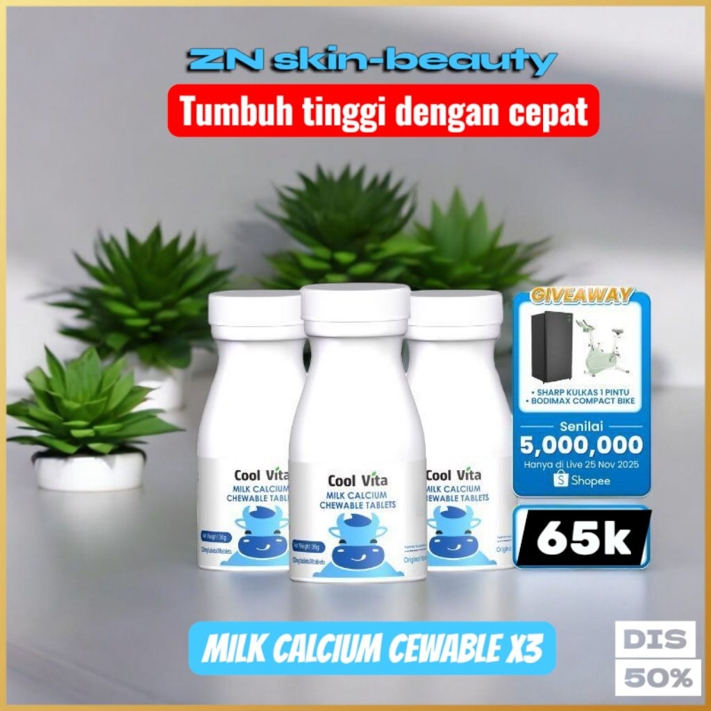 COOLVITA ORIGINAL CALCIUM MILK TABLET 3 BOTOL ISI 90 TABLET peninggi badan suplemen kesehatan