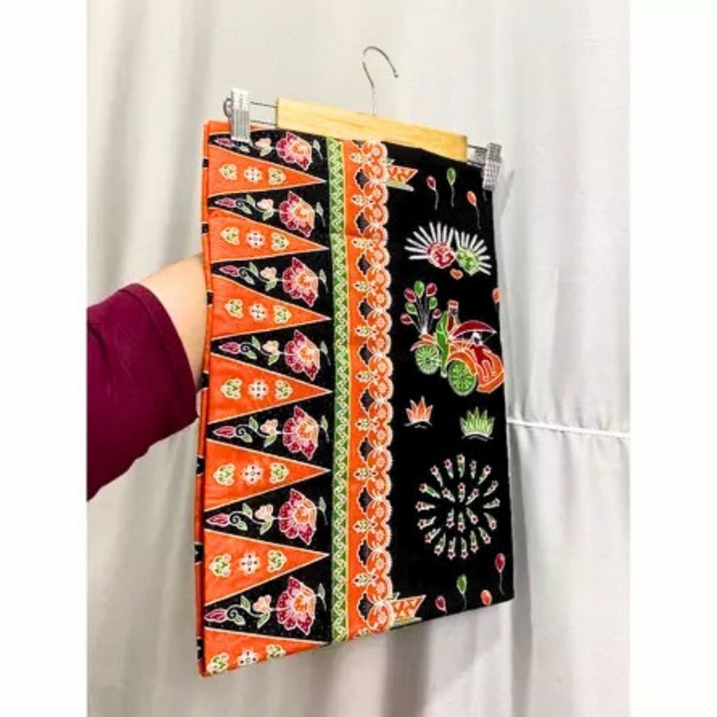 Sarung Tumpal Ondel Betawi Orange Hitam / Kain Batik Wanita / Bahan Rok Tumpal Batik Sogan Betawi