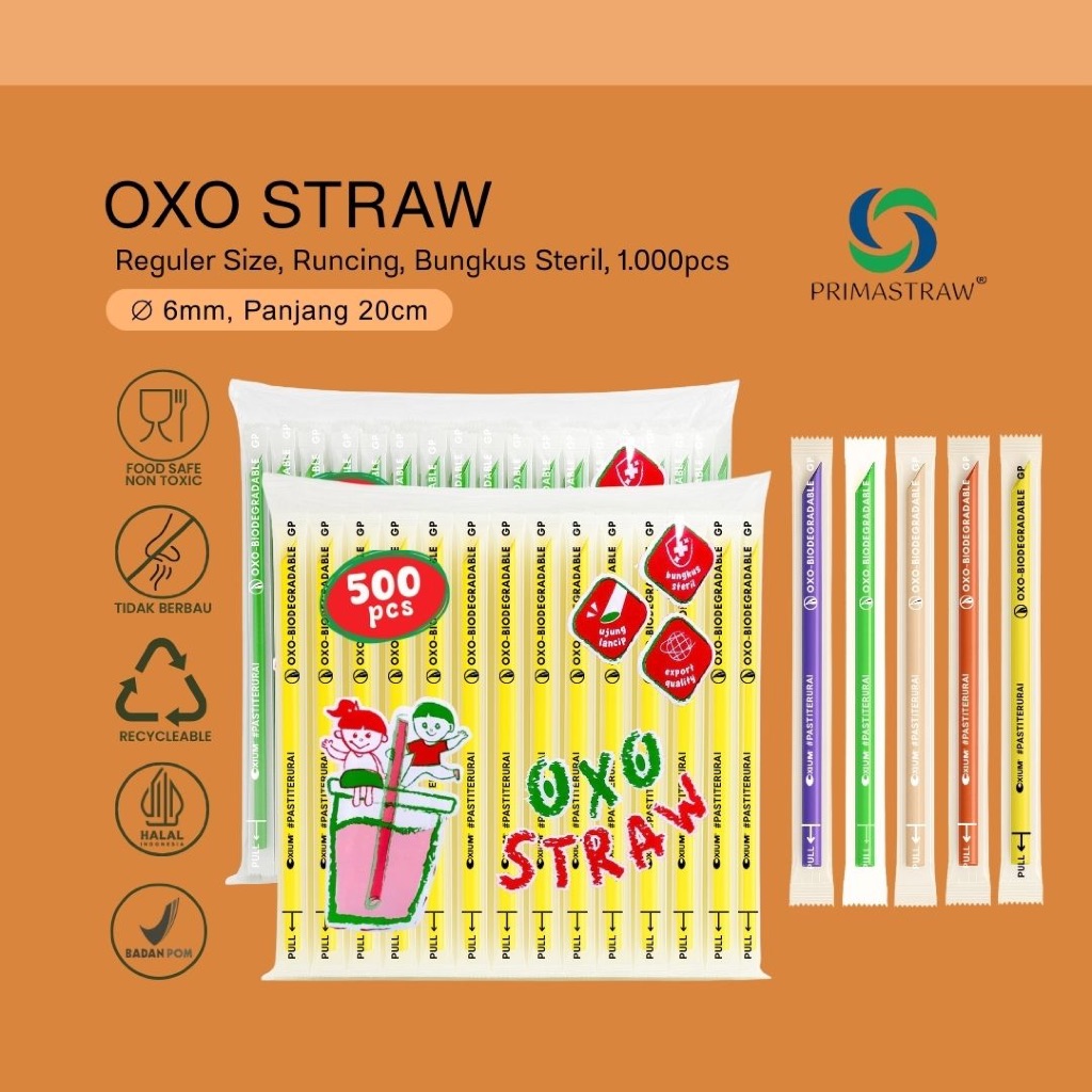 PRIMASTRAW® Sedotan Oxo REGULER RUNCING STERIL 6 x 200 mm (500pcs) Warna Kuning Ungu Hijau Orange Kr