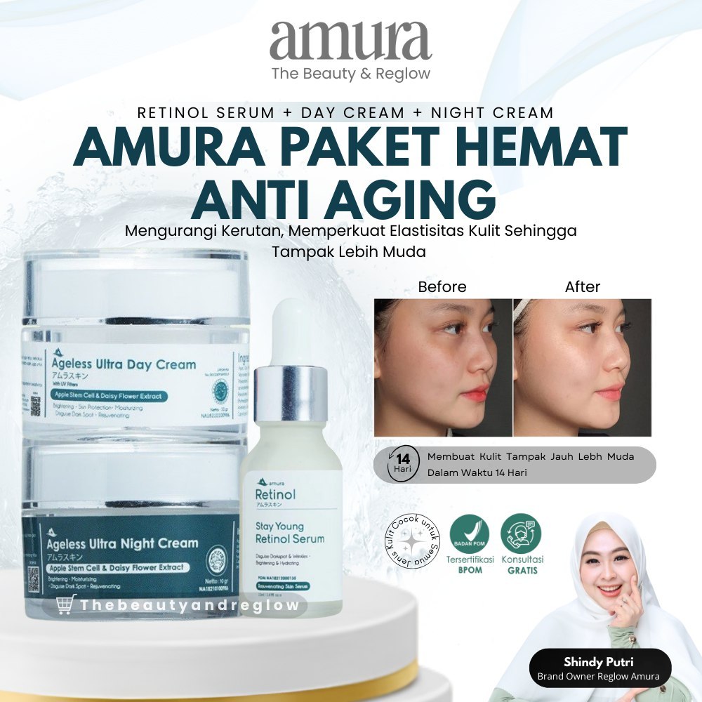 Amura Paket Anti Aging - Lawan Kerutan dan Flek Hitam Bandel (Retinol Serum, Night Cream, Day Cream)