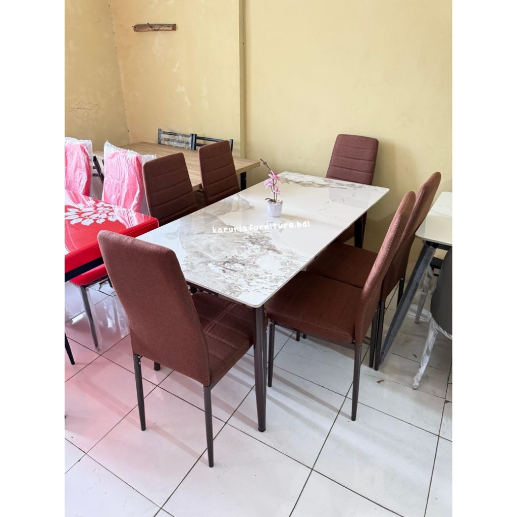 READY MEJA MAKAN GRANIT 6 KURSI BROWN | FREE ONGKIR BANDAR LAMPUNG