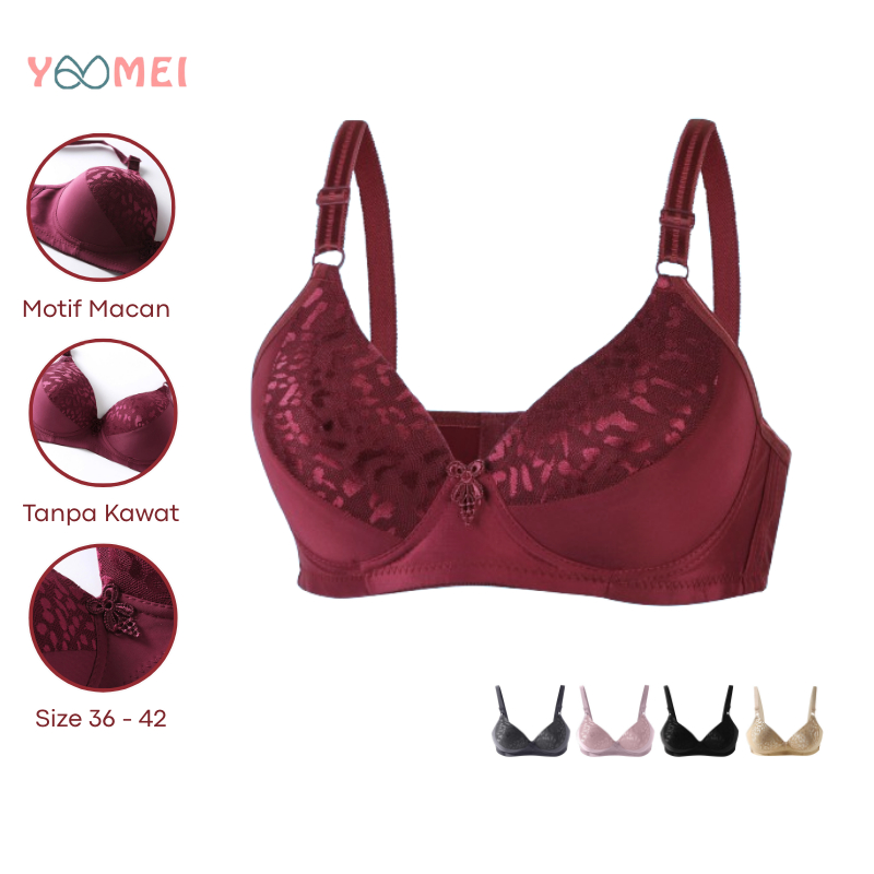 YOOMEI Bra Busa Tipis Tanpa Kawat Cup A Motif Bentul Macan Bh Wanita Melar Ukuran Dewasa