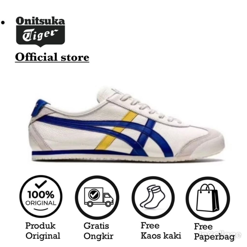 sepatu onitsuka tiger ORIGINAL white blue yellow//free paperbag & kaos kaki