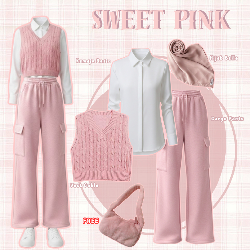Outfit Remaja Kekinian | Kemeja Set Vest Korea Pink OOTD Hangout Wanita Hijab