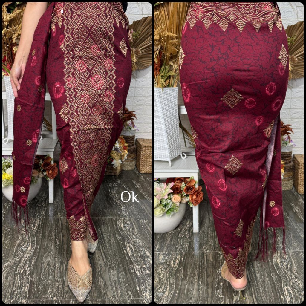Kamen jadi katun bordir strait motif meru dengan kombinasi benang Gold cendana + Selendang