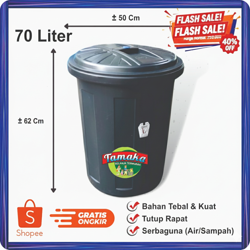 Tong Air 70 Liter / Tempat sampah / Ember Besar Bulat Plastik + Tutup 70 Liter