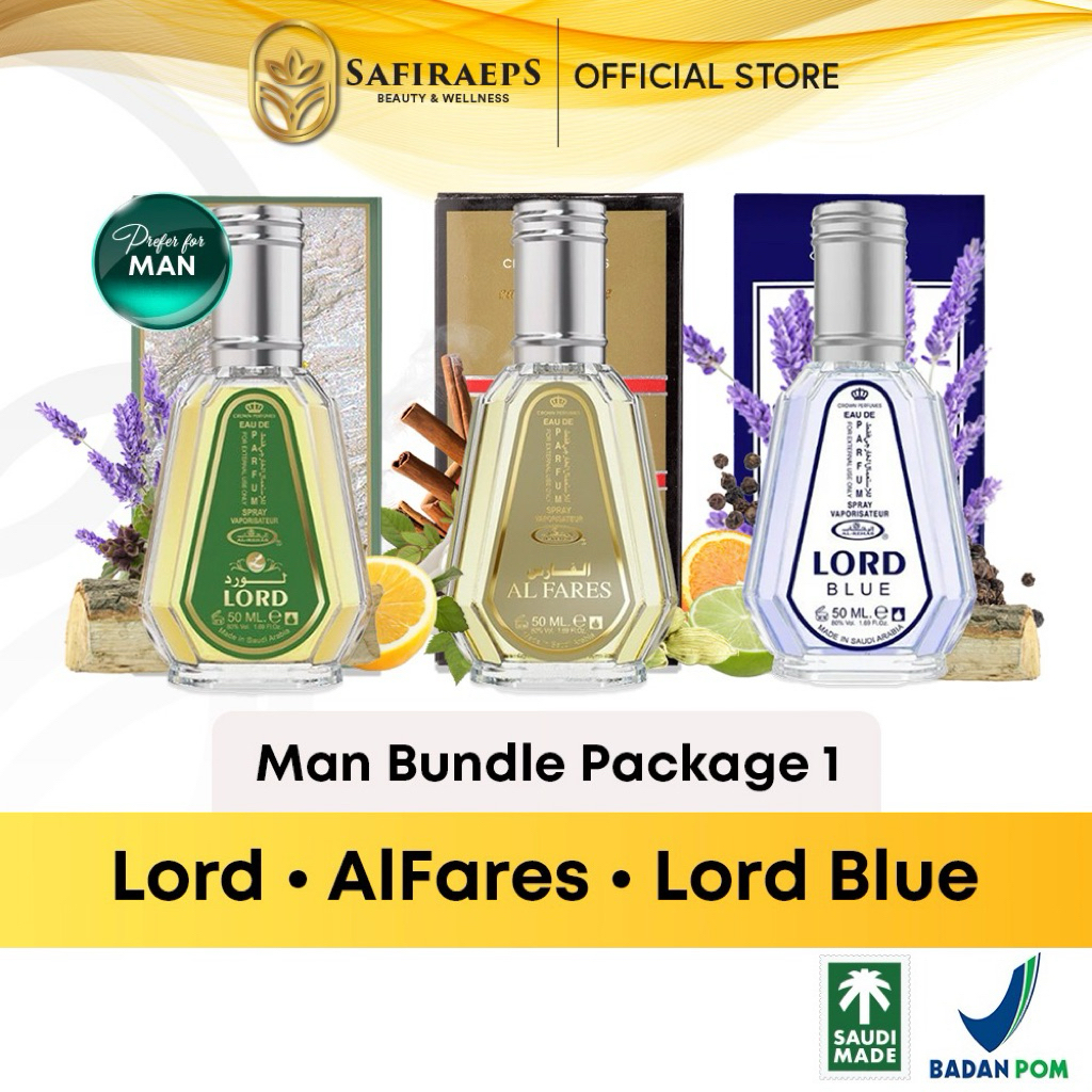 (Paket Pria Isi 3 Botol Lord + Alfares + Lord Blue) Alrehab Perfumes Spray 50 ml Saudi Arabia BPOM -