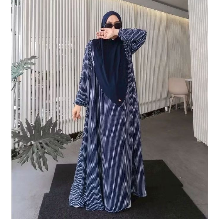 GAMIS BASIC RAYON LITTLE STRIPE NAVY BY ZAFEETRI | FREE GIFT | GAMIS UMROH