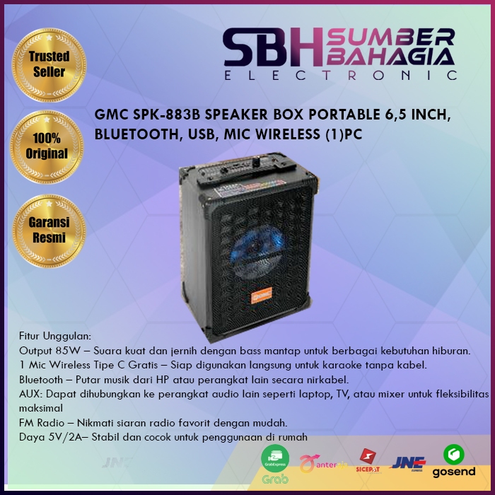 GMC SPK-883B SPEAKER BOX PORTABLE 6,5 INCH, BLUETOOTH, USB, MIC WIRELESS (1)PC (NEW)