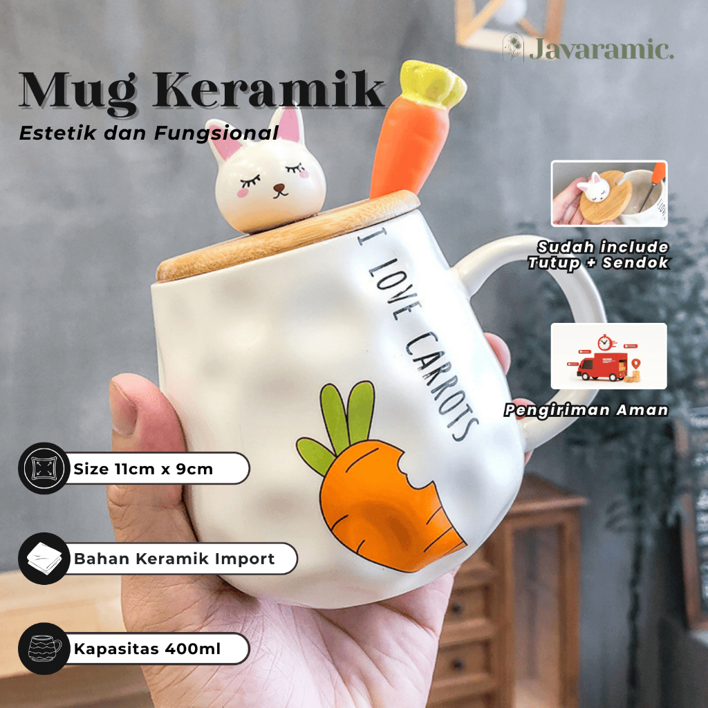 JAVARAMIC Cangkir Keramik Karakter Lucu Mug Minum Tutup Kayu Sendok Kelinci Wortel Rabbit- A010
