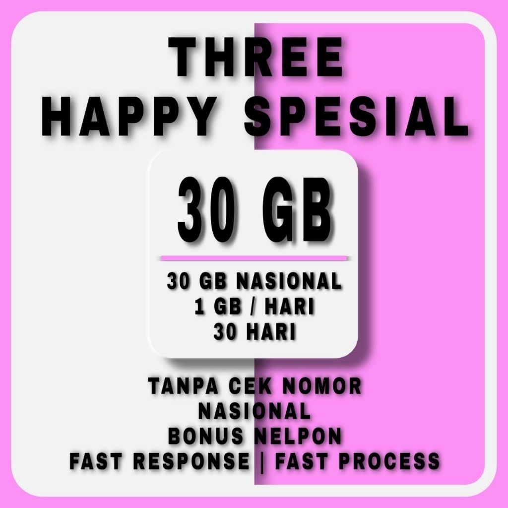 (SUPER PROMO) KUOTA TRI 3 30GB 1GB/HARI