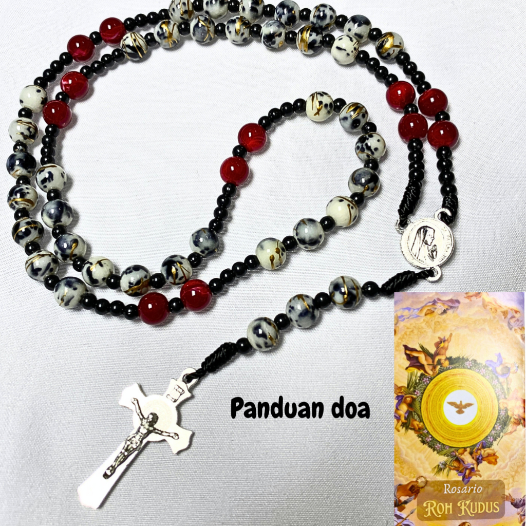 Kalung rosario roh kudus & panduan rosario roh kudus mote warna putih corak emas