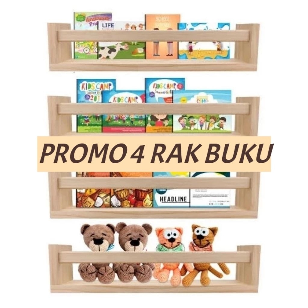 PAKET 4 PCS RAK BUKU KAYU RAK BUKU DINDING / RAK KAYU DINDING