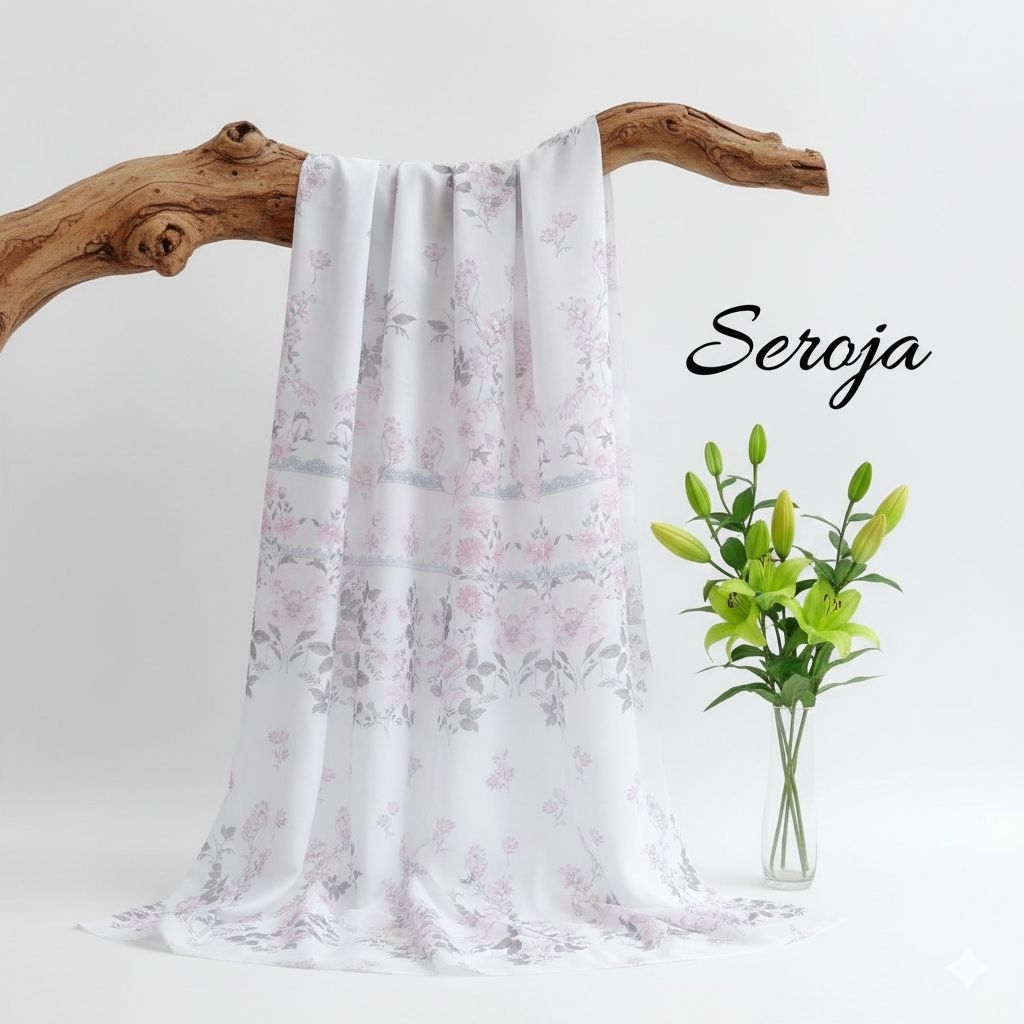 Kain Sifon Ceruti Print Bunga Pink Vintage Motif Floral Premium Meteran | Bahan Jilbab Segiempat Sya