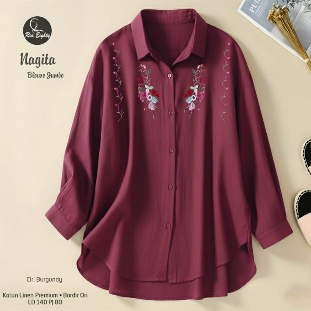 Nagita burgundy Kemeja Oversize Ld 140 Blouse jumbo / riaeighty