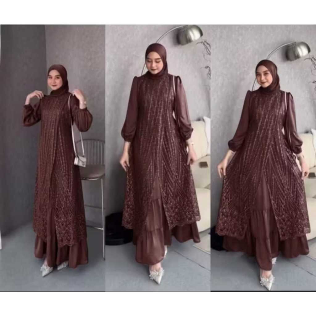 Gamis Olivia Bahan Velvet Satin Variasi Brukat Tile Mutiara Baju Seragam Kondangan Pesta Mewah