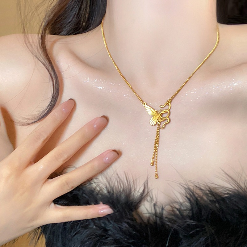 Kalung Rumbai Kupu-kupu dan Ular Emas Wanita kalung anti karat-Lapis Emas Rumbai Kupu Liontin