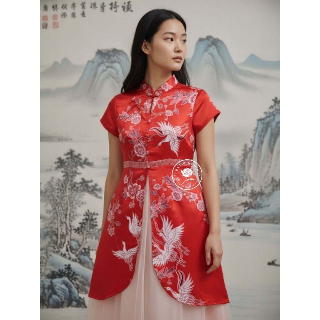 BATIK NONIK cheongsam dress batik kombinasi tulle dress imlek dress cny wanita