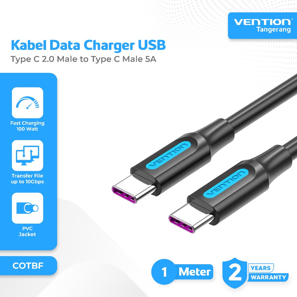 Vention Kabel Data Charger USB Type C 2.0 Male to Type C Male 5A Fast Charging 100 Watt PVC Type 1 M
