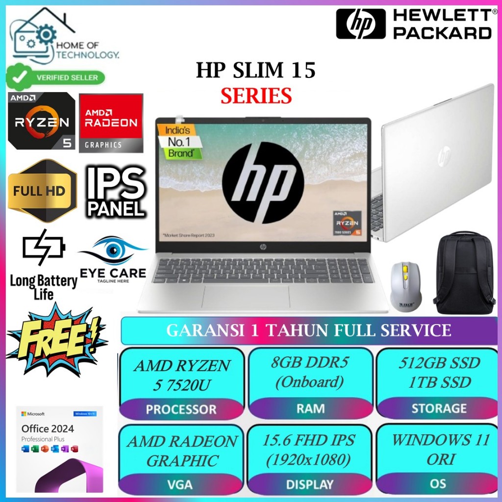 Laptop BARU HP 15 AMD RYZEN 5 7520U 8GB DDR5 1TB 15 FullHD IPS WIN11HOME