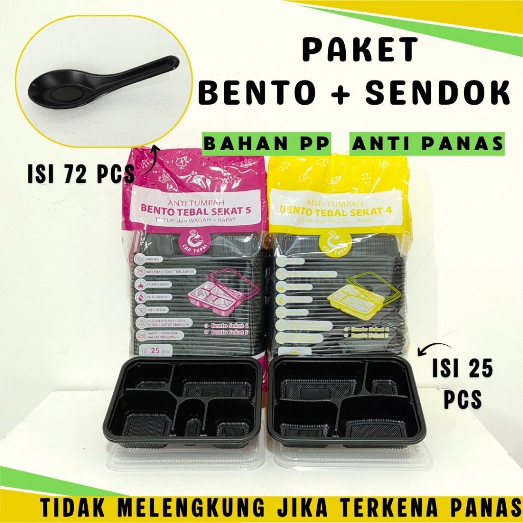 Paket Thinwall Bento TUPAI Hitam Sekat 4, Sekat 5 + Sendok Thinwall Bento Hitam / Kotak Bekal Hitam 