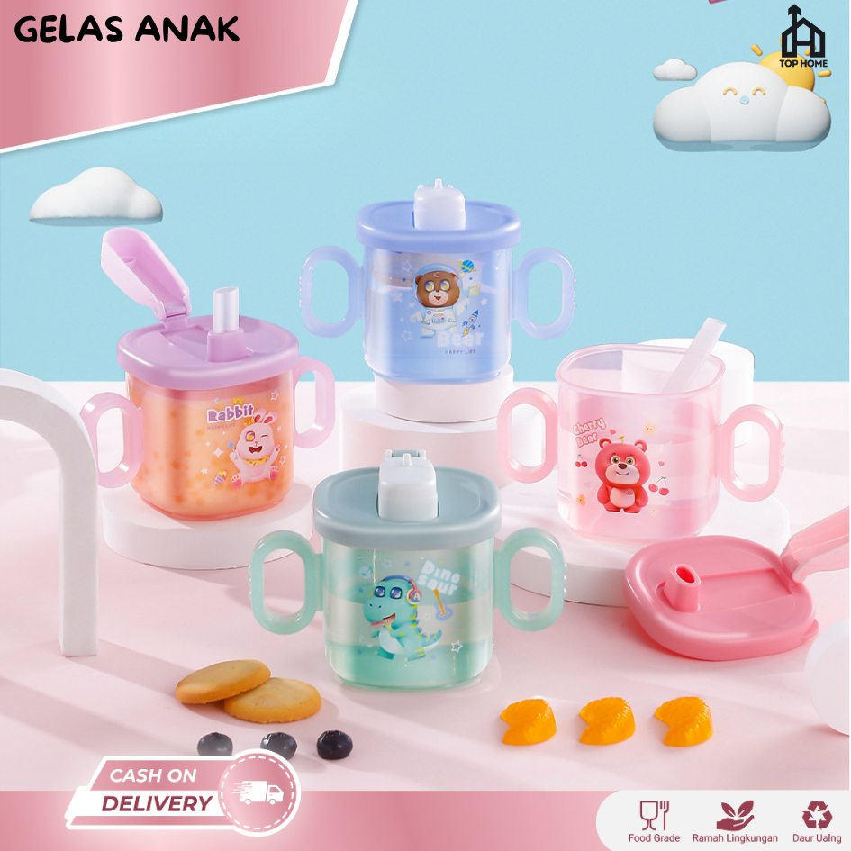 Gelas Minum Anak 330ml Anti Bocor BPA Free / Gelas Anak + Sedotan Animal Lucu Cangkir Gelas Susu