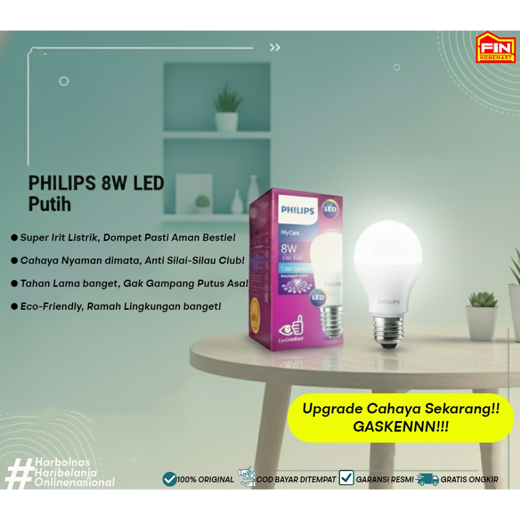 Lampu Bohlam LED Philips 8 Watt Putih/Warm White 8 Watt