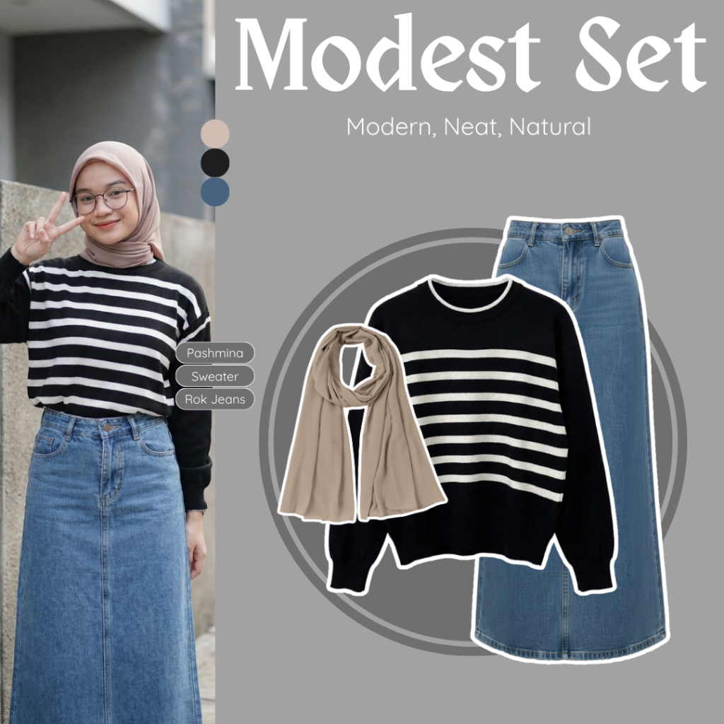 Stelan Wanita Kekinian | Sweater Rajut, Rok Jeans, Pashmina | Outfit Cewek, One Set Remaja, OOTD