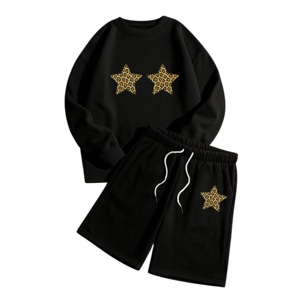Sweater One set Bintang Motif Leopard Anak Terbaru Crewneck & Short Pants Setelan Celana Pendek Anak
