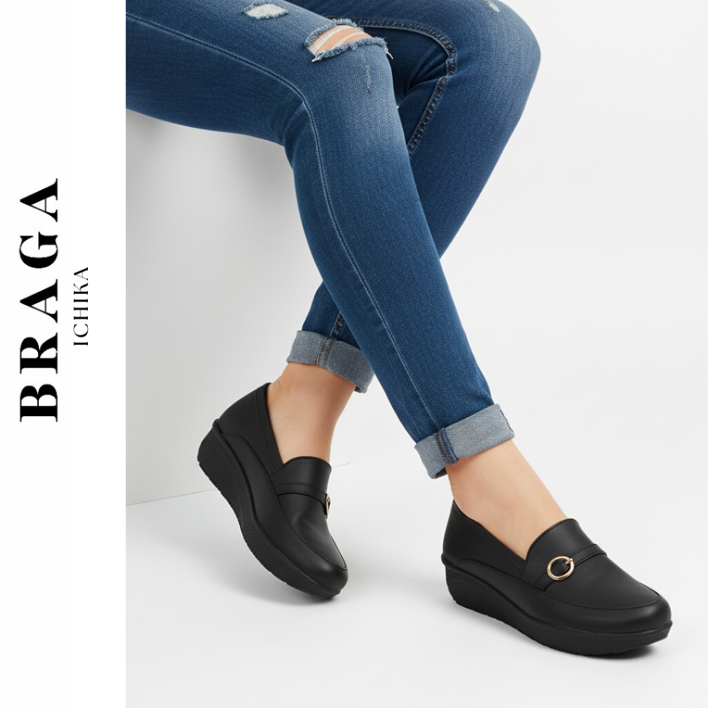 Braga Ichika Series B 3641 - Sepatu Wedges Wanita Slip On Kerja Casual Santai Warna Hitam Krem