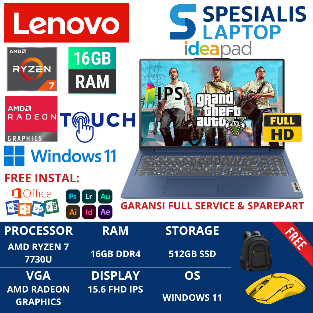 Laptop Lenovo Ideapad Slim 3 Ryzen 7 7730U RAM 16GB 512GB SSD IPS Windows11 TouchScreen Baru