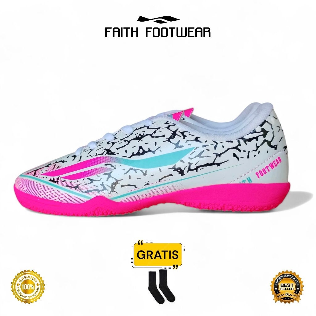 FAITH FOOTWEAR - Sepatu Futsal Junior Original Kids Spider White Pink Original