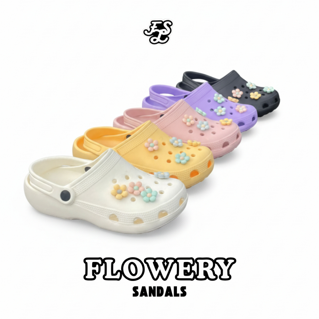 LUMMYSHOP Flowery Sandal Karet Wanita Sandal Santai dengan Hitam Ungu Kuning Putih Premium Import