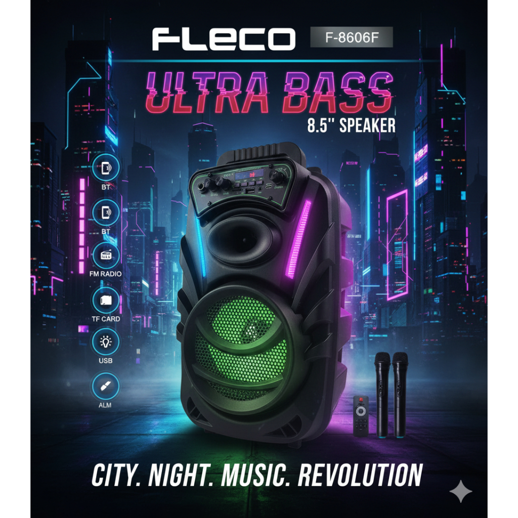 Speaker Portable Bluetooth 8.5 inch Dual Power Fleco F-8606F LED DIsplay Mode FM BT AUX TF Card Free