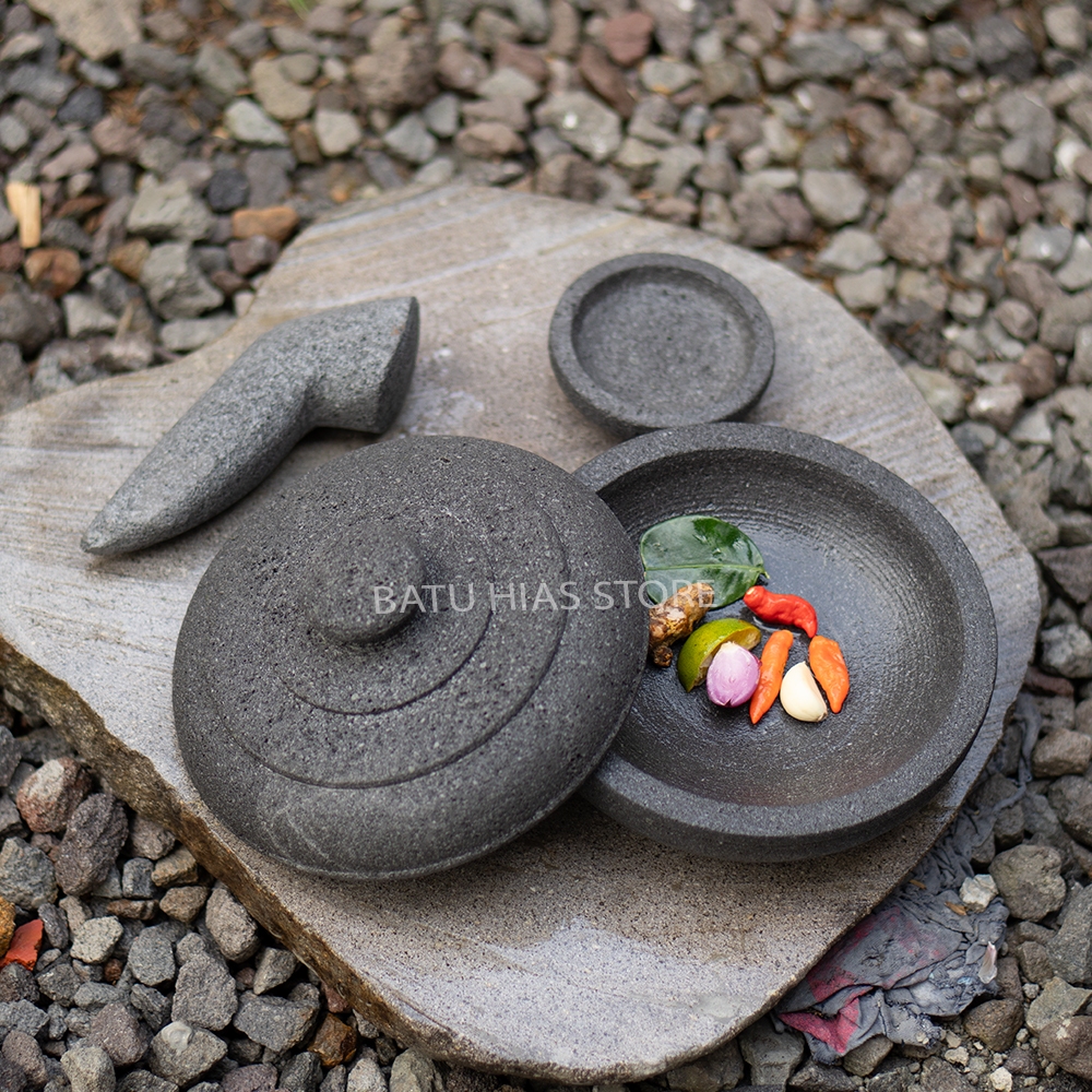 (20 cm) Cobek Tutup dan Ulekan Batu Alam Asli 100% Original Magelang Batu Gunung Packing Kayu Gratis