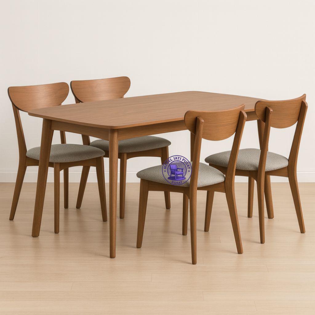 Set Meja Makan Minimalis 4 Kursi – Kayu Jati Modern Scandinavian, Kursi Jok Empuk