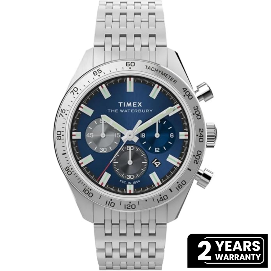 Jam Tangan Pria Timex Waterbury Traditional Chronograph Blue Dial Stainless Steel Strap TW2Y18500V5 