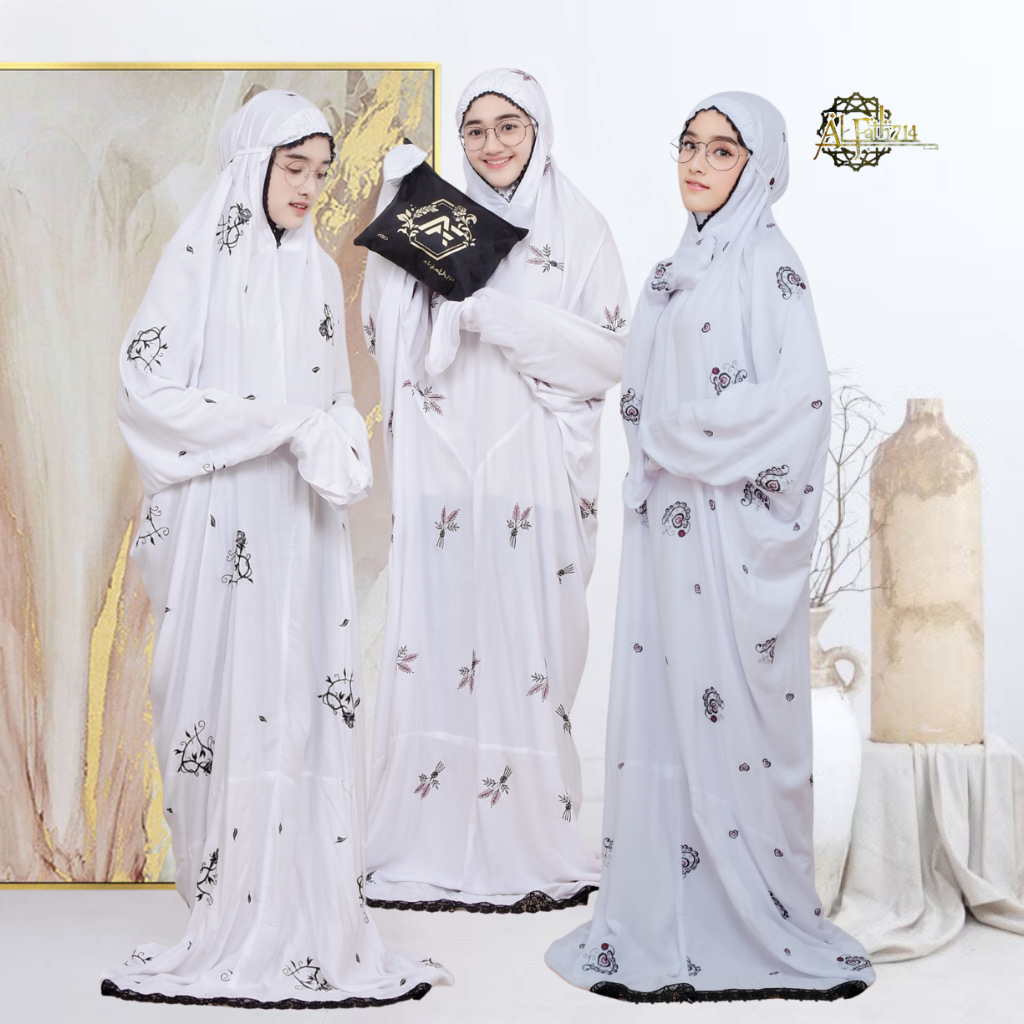 ALFATH714 - Mukena Terusan Dewasa Putih Mukenah Lajuran Bordir Mukenah Langsungan Rayon